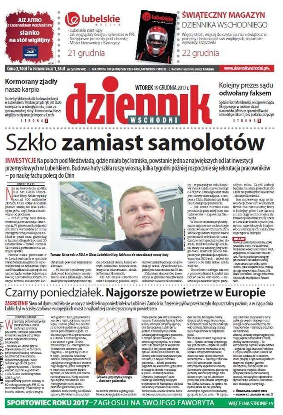 Pierwsza strona Dziennika Wschodniego z 19 grudnia 2017 roku