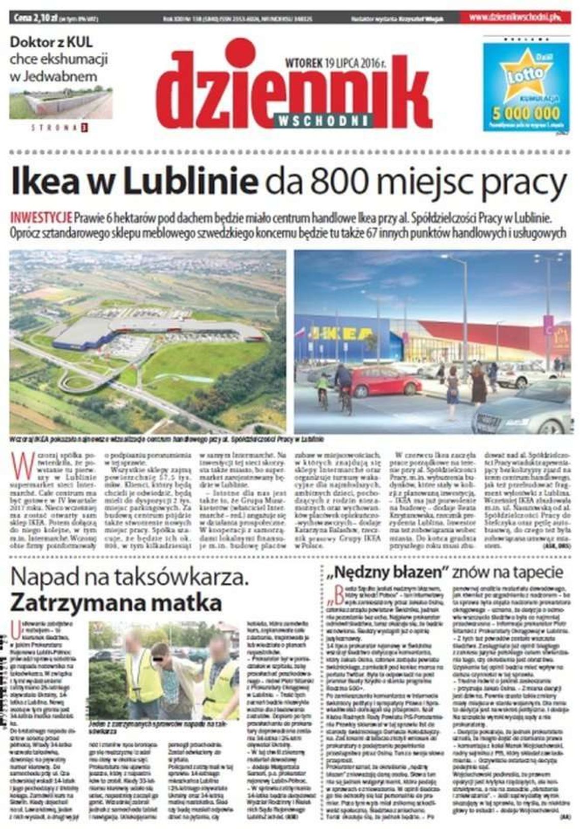 Pierwsza strona Dziennika Wschodniego z 19 lipca 2016 roku