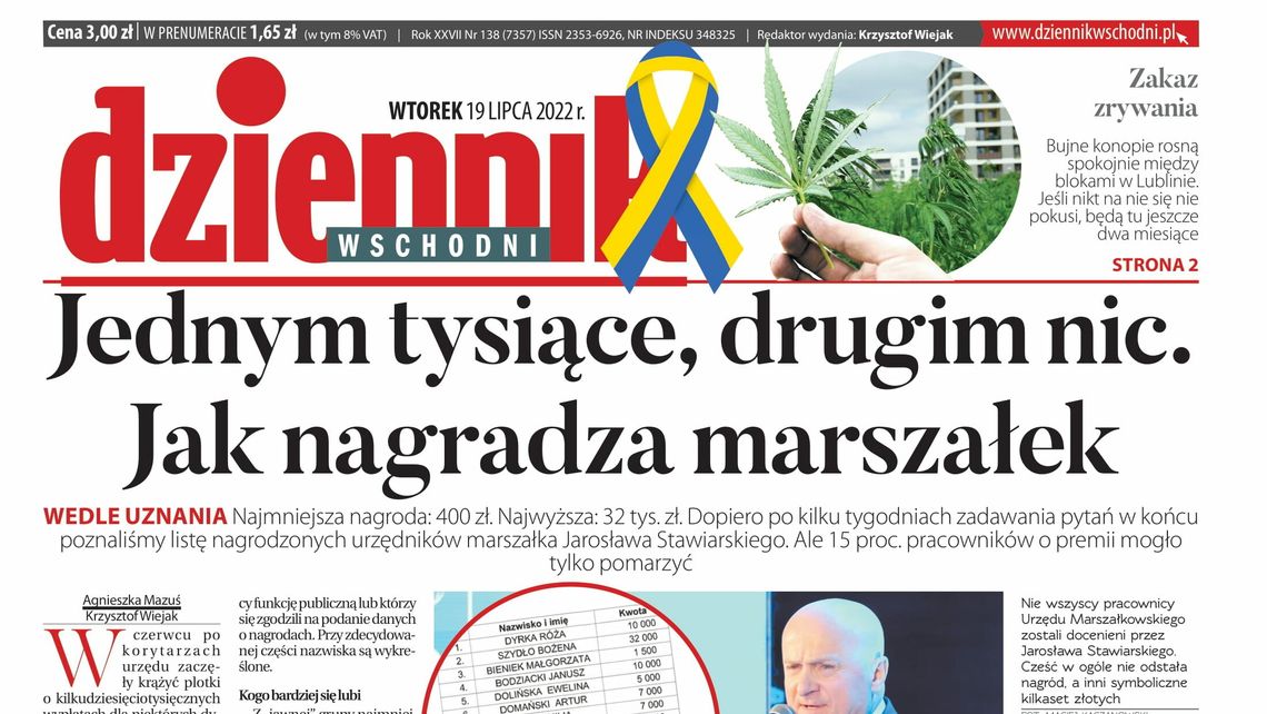  Pierwsza strona Dziennika Wschodniego z 19 lipca 2022 roku 