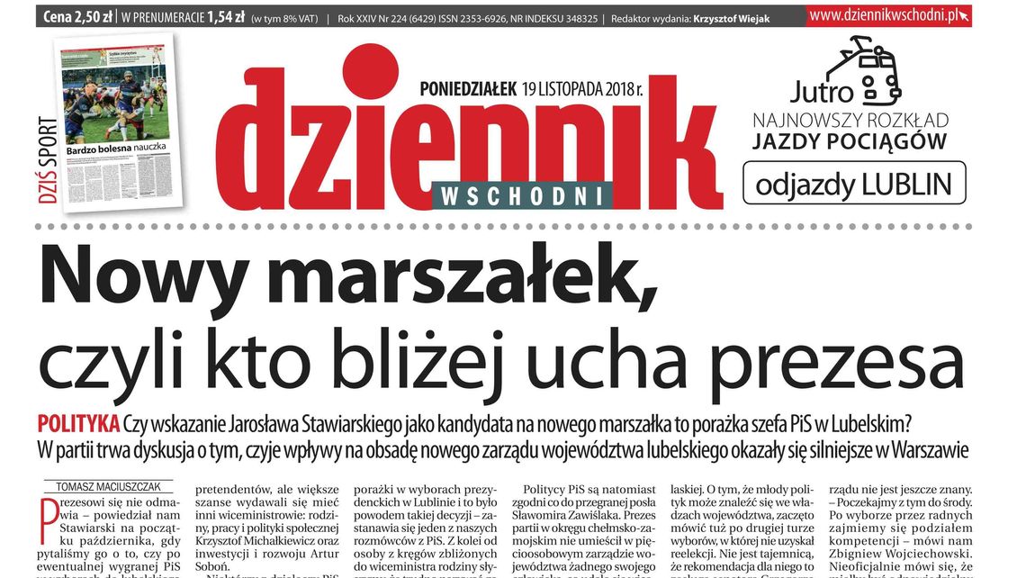Pierwsza strona Dziennika Wschodniego z 19 listopada 2018