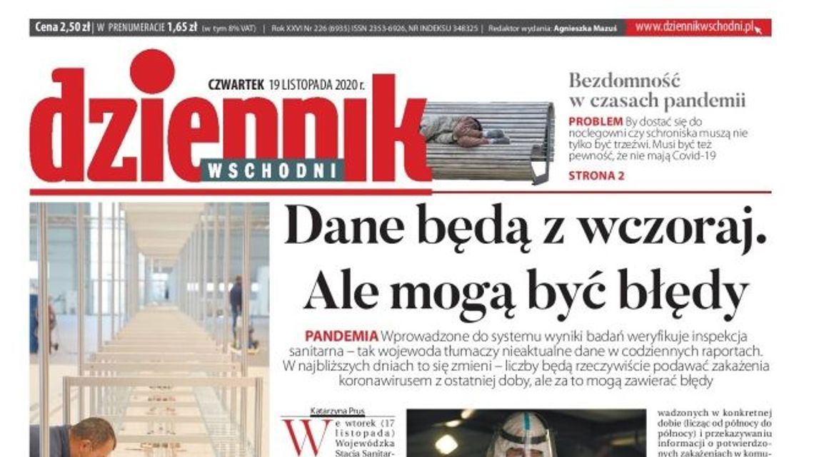 Pierwsza strona Dziennika Wschodniego z 19 listopada 2020 r.