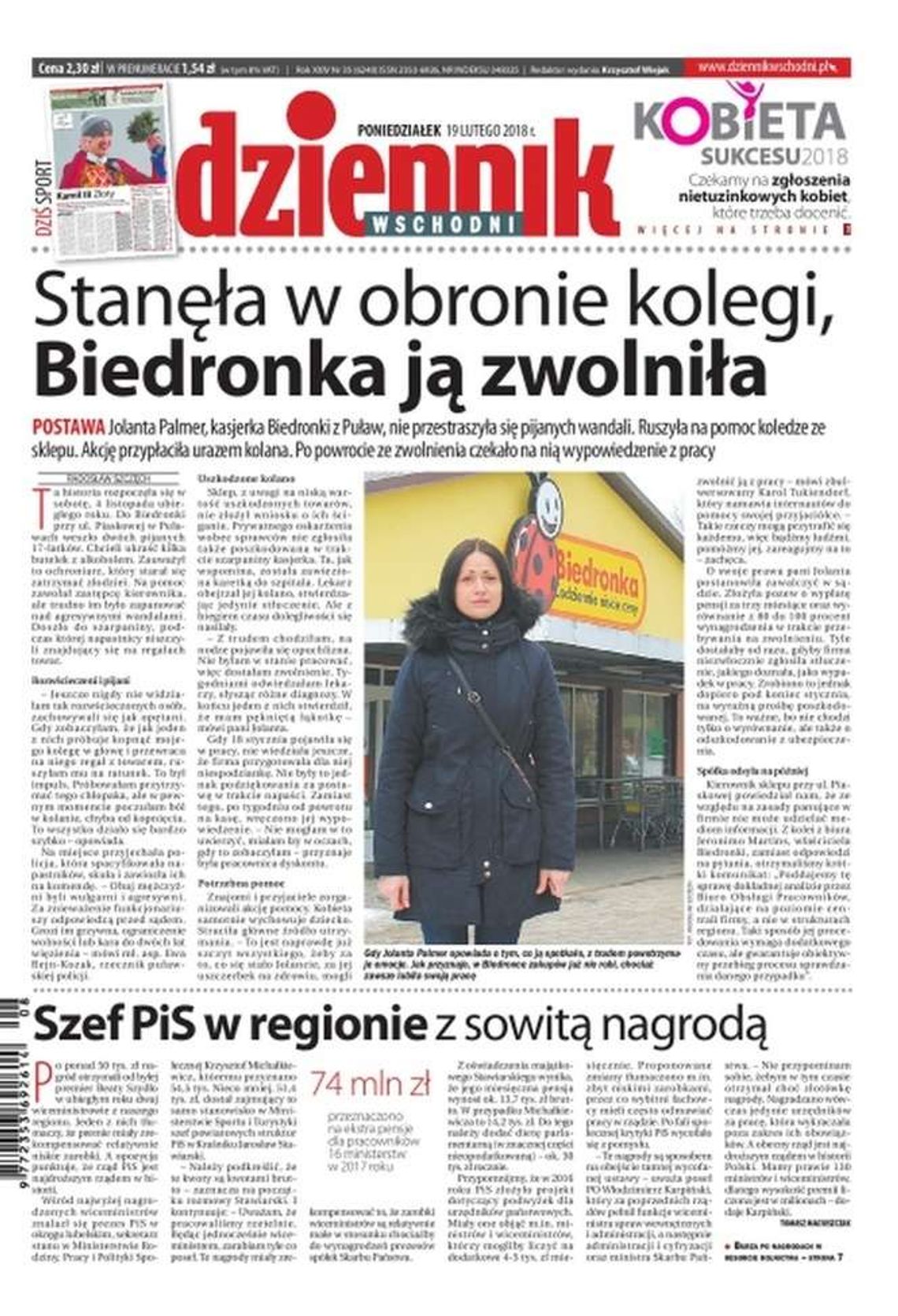 Pierwsza strona Dziennika Wschodniego z 19 lutego 2018 r.