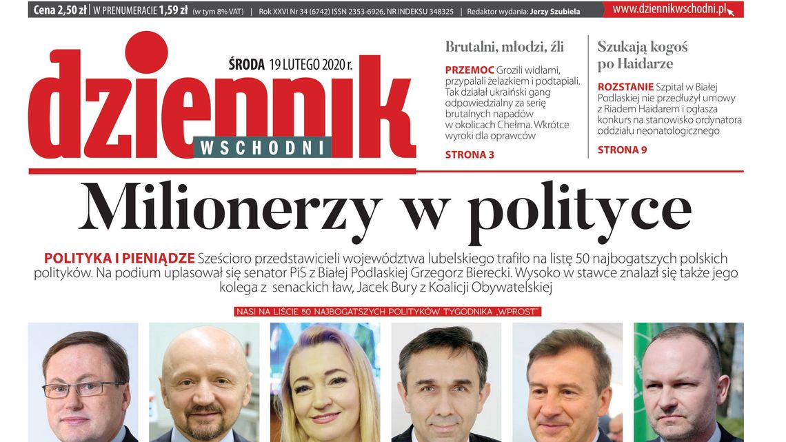 Pierwsza strona Dziennika Wschodniego z 19 lutego 2020 r.