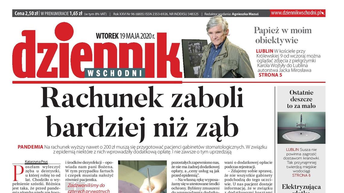 Pierwsza strona Dziennika Wschodniego z 19 maja 2020 r.