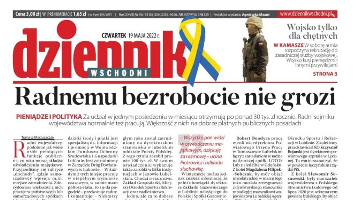 Pierwsza strona Dziennika Wschodniego z 19 maja 2022 r.