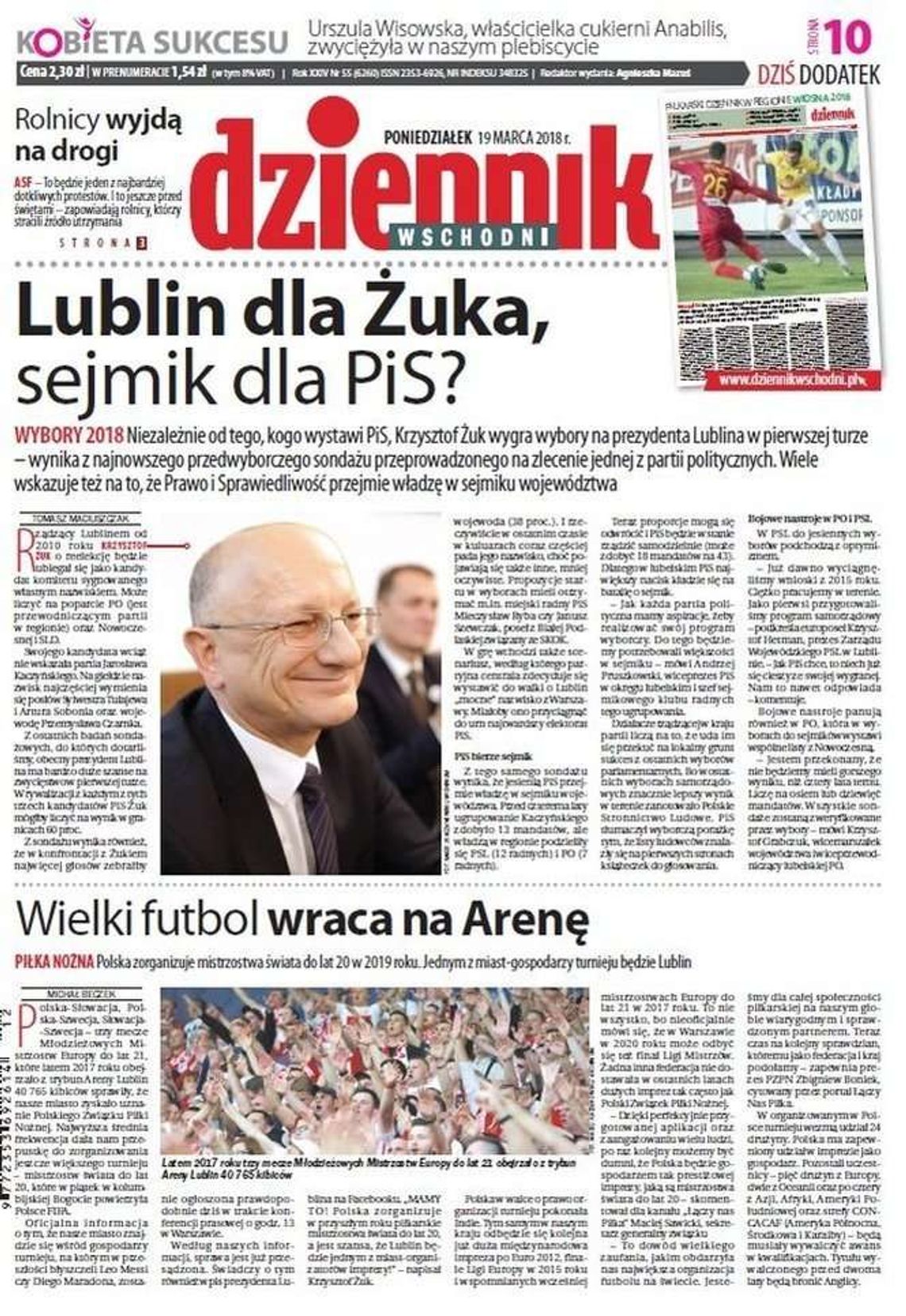 Pierwsza strona Dziennika Wschodniego z 19 marca 2018 roku