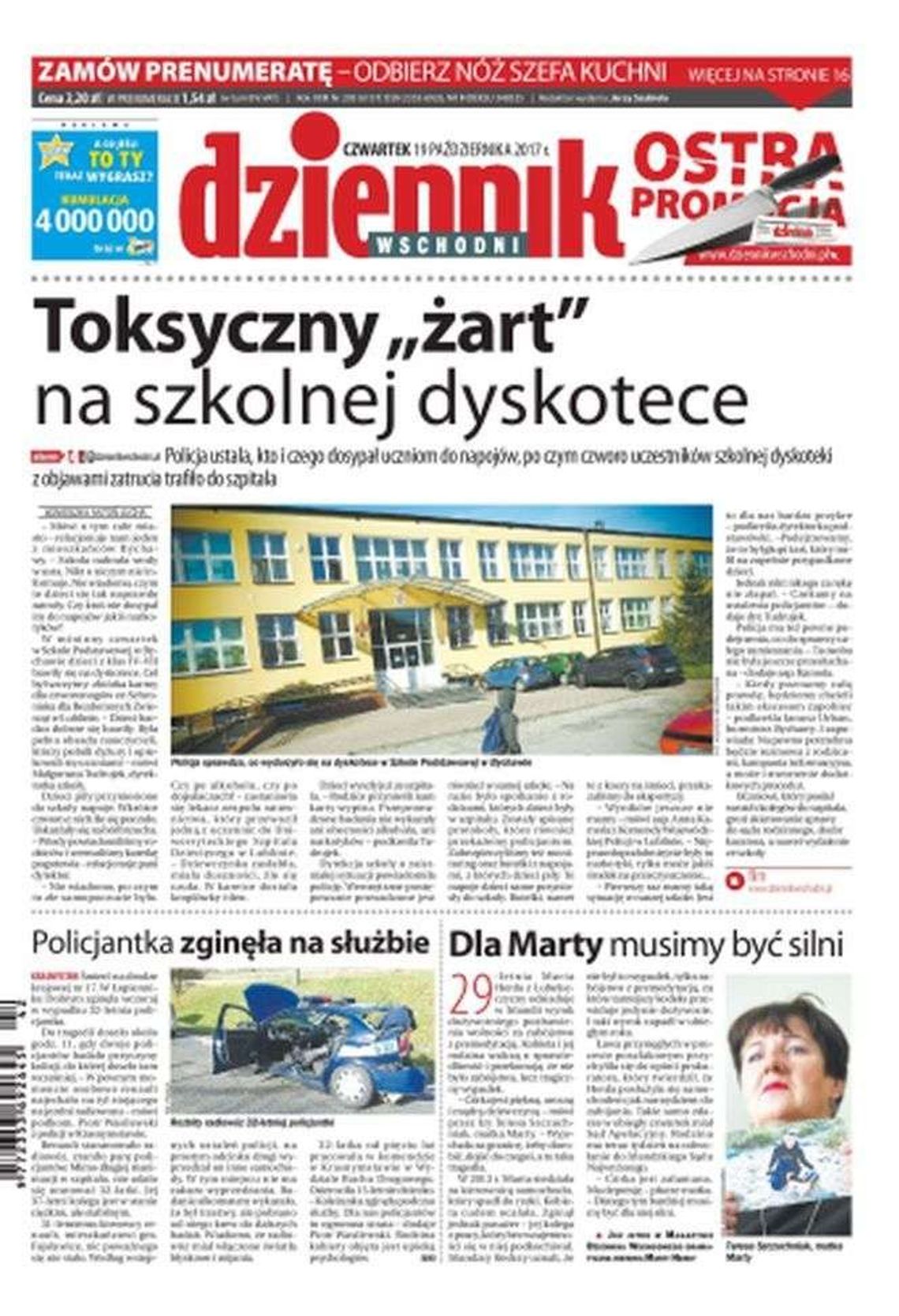 Pierwsza strona Dziennika Wschodniego z 19 października 2017 r.