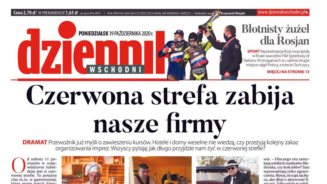  Pierwsza strona Dziennika Wschodniego z 19 października 2020 r. 