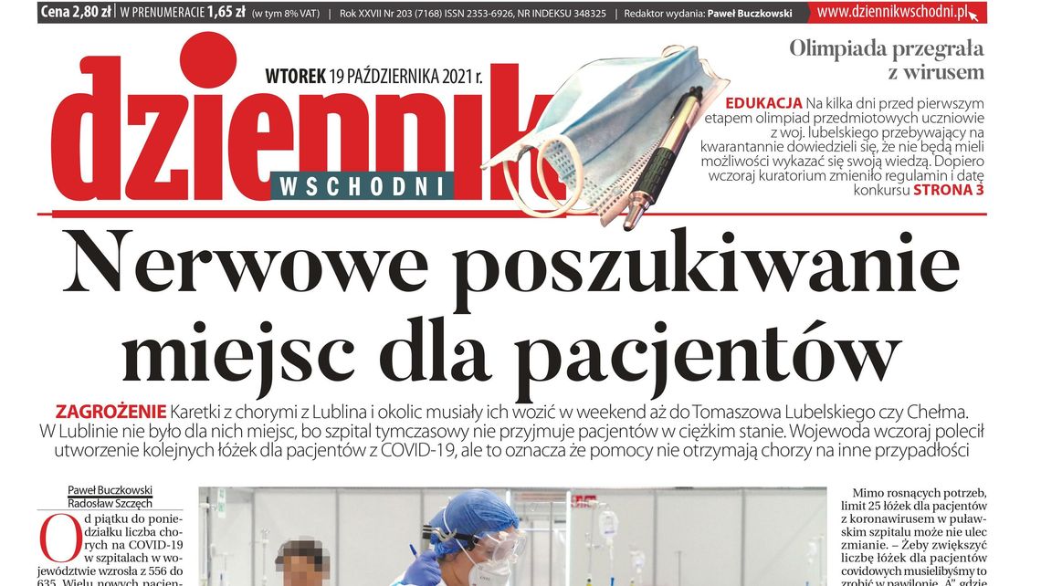Pierwsza strona Dziennika Wschodniego z 19 października 2021 r.