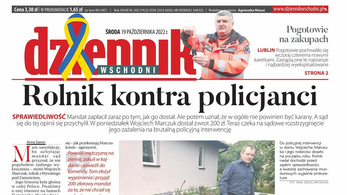 Pierwsza strona Dziennika Wschodniego z 19 października 2022 r. 