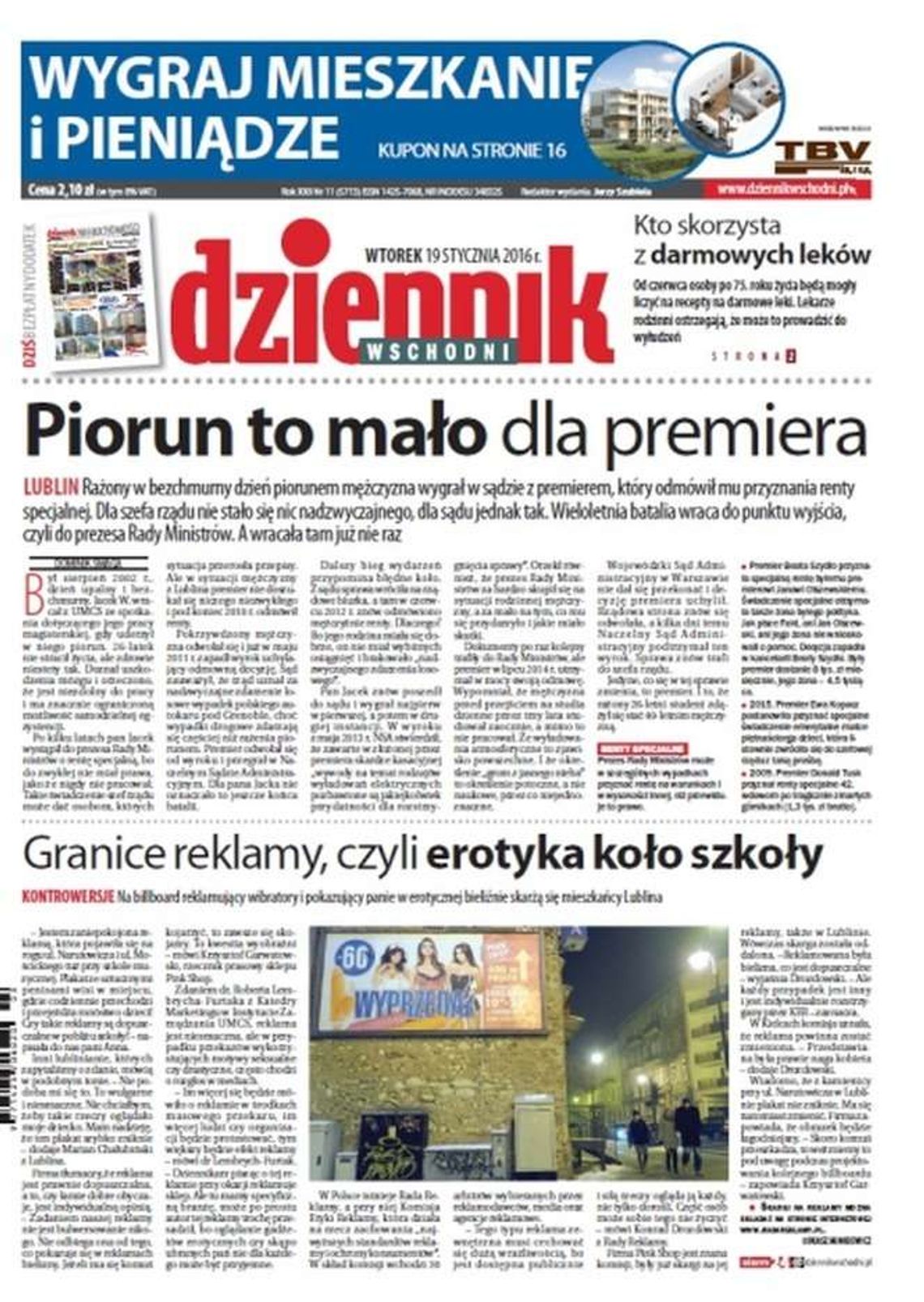 Pierwsza strona Dziennika Wschodniego z 19 stycznia 2016 roku