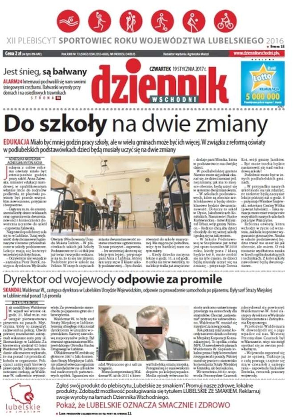 Pierwsza strona Dziennika Wschodniego z 19 stycznia 2017 roku