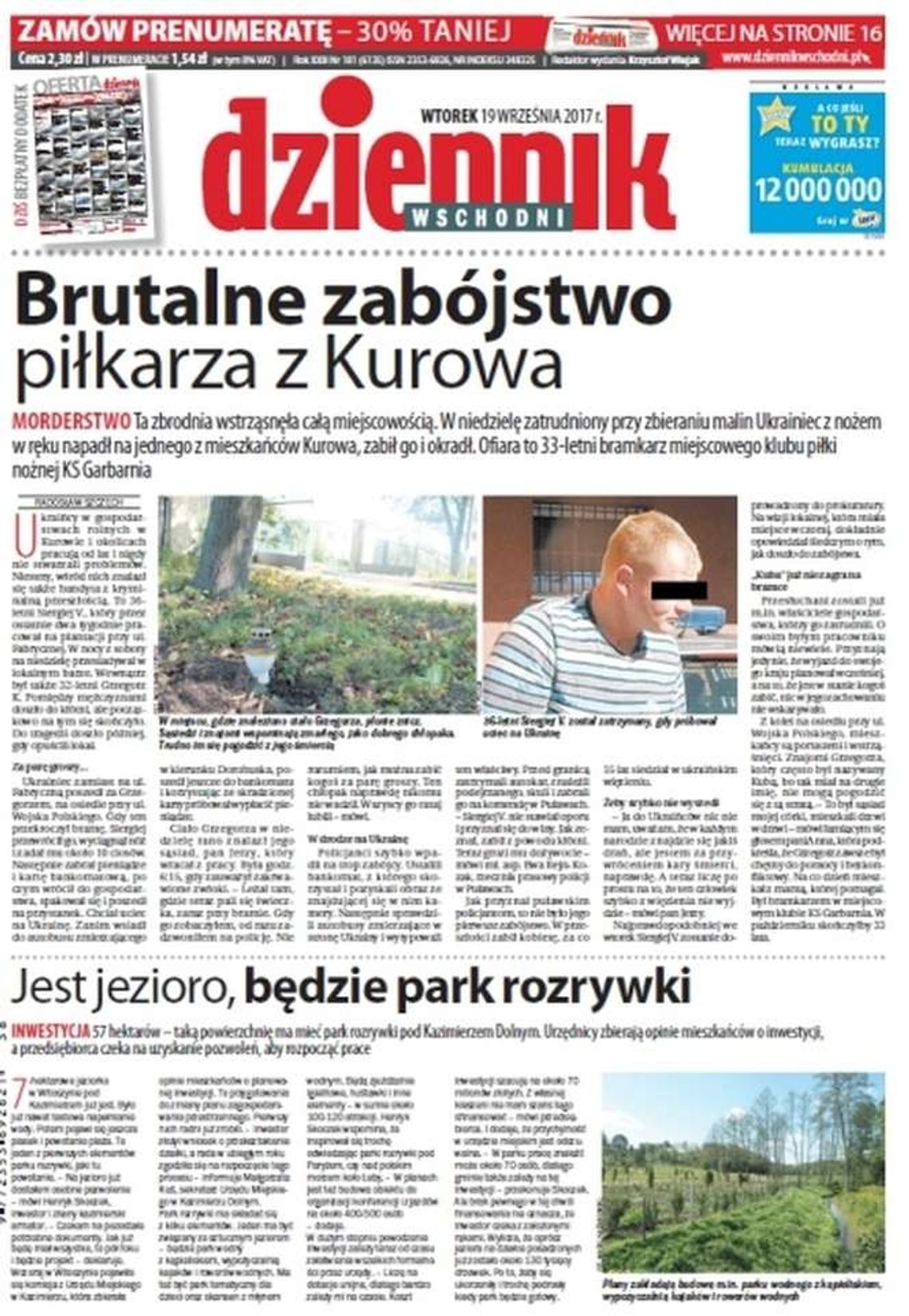 Pierwsza strona Dziennika Wschodniego z 19 września 2017 roku