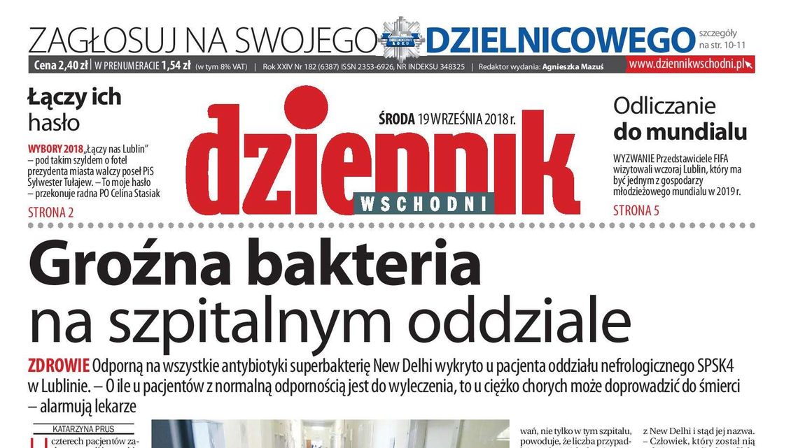 Pierwsza strona Dziennika Wschodniego z 19 września 2018 r.