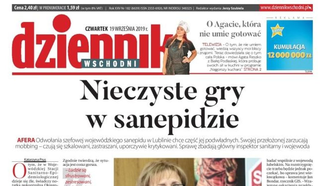 Pierwsza strona Dziennika Wschodniego z 19 września 2019 r.