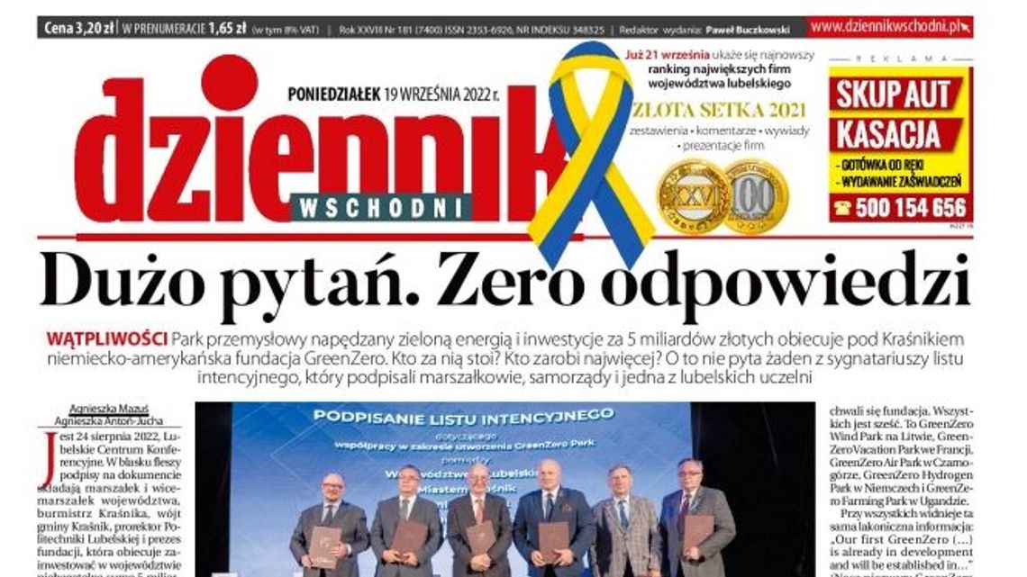 Pierwsza strona Dziennika Wschodniego z 19 września 2022 r.