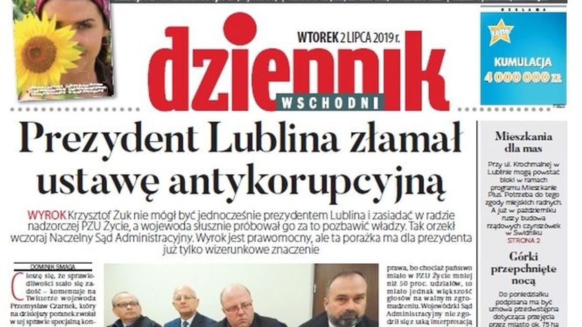 Pierwsza strona Dziennika Wschodniego z 2.07.2019 Pierwsza strona Dziennika Wschodniego z 2.07.2019