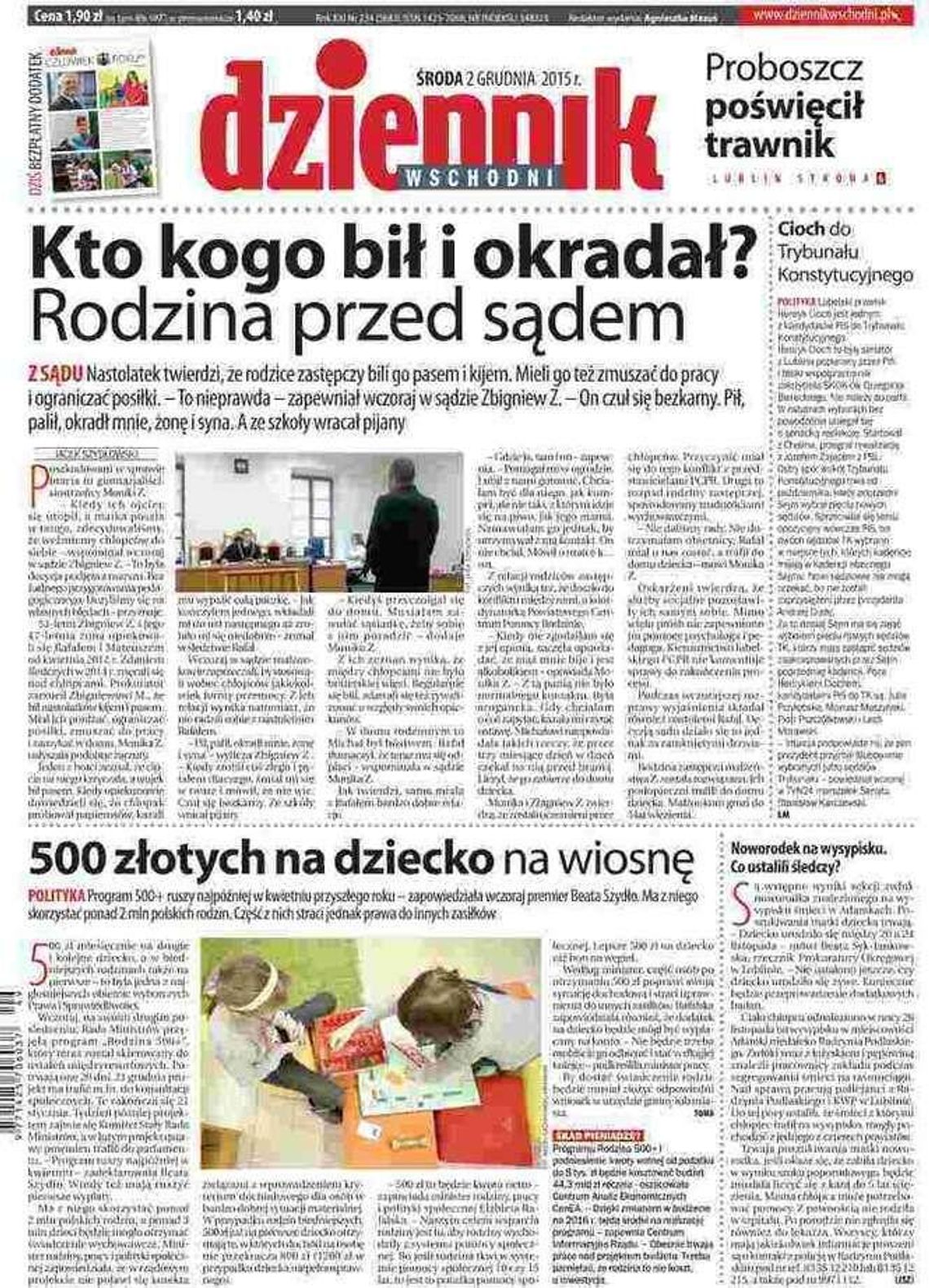 Pierwsza strona Dziennika Wschodniego z 2 grudnia 2015