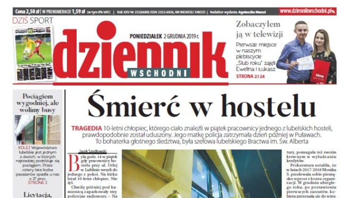 Pierwsza strona Dziennika Wschodniego z 2 grudnia 2019 r.