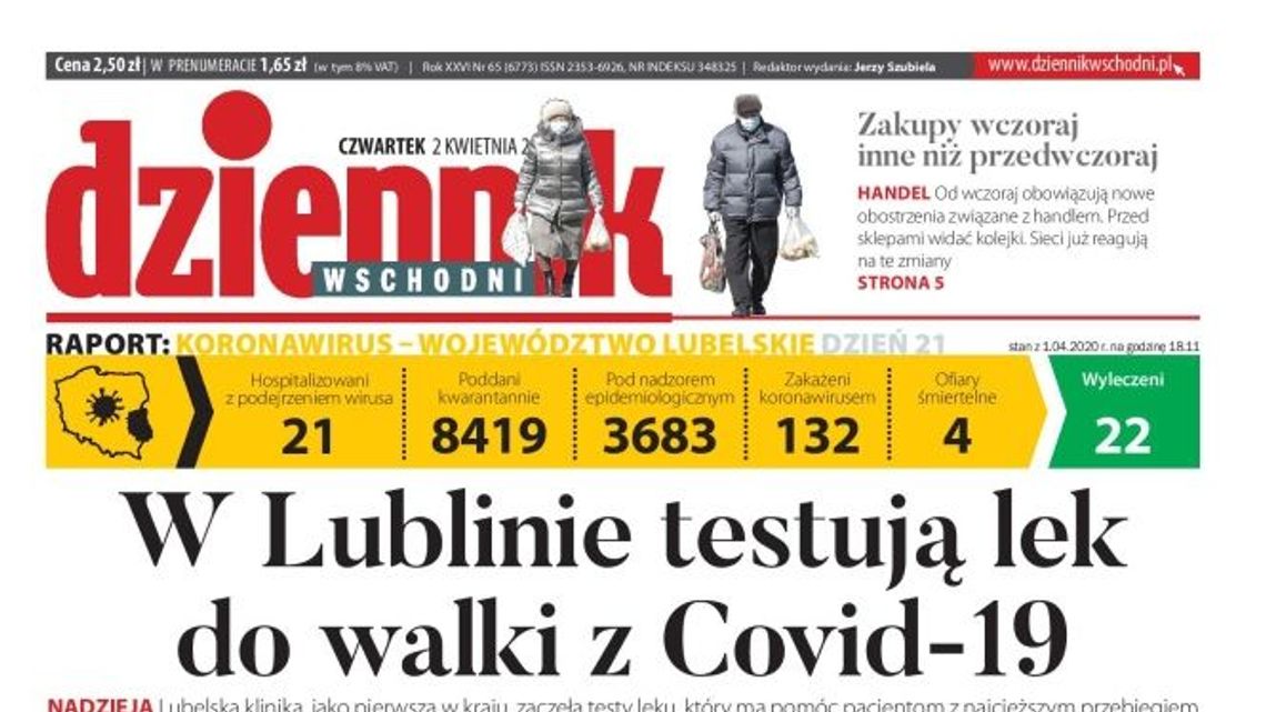 Pierwsza strona Dziennika Wschodniego z 2 kwietnia 2020 r.