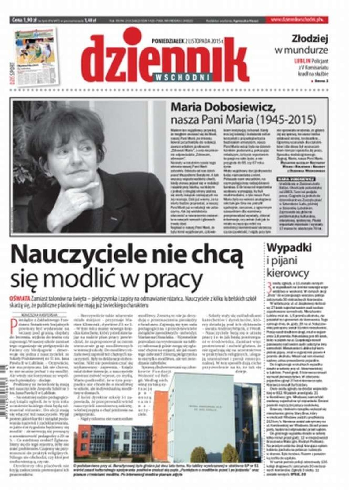 Pierwsza strona Dziennika Wschodniego z 2 listopada 2015 r.