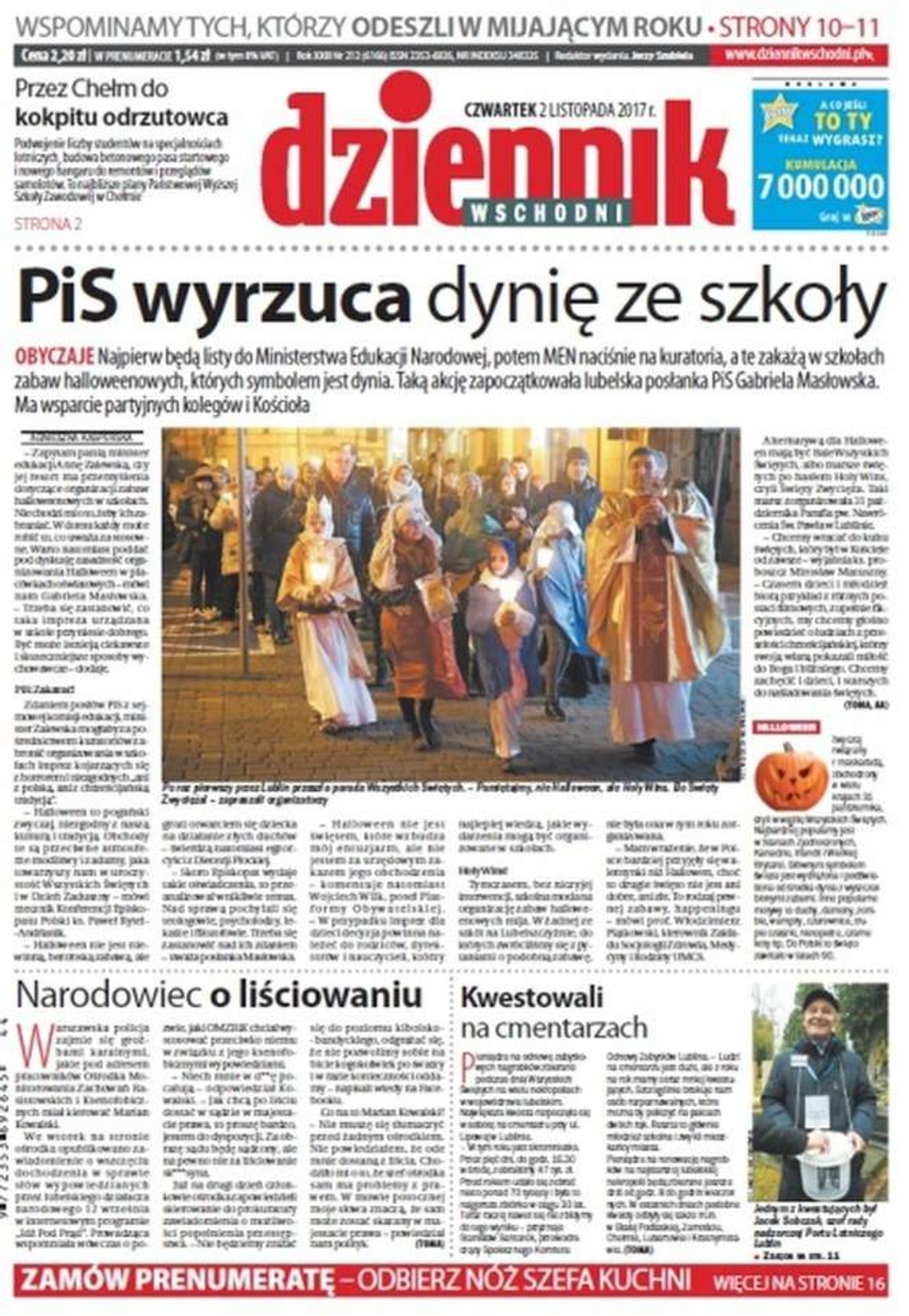 Pierwsza strona Dziennika Wschodniego z 2 listopada 2017 roku