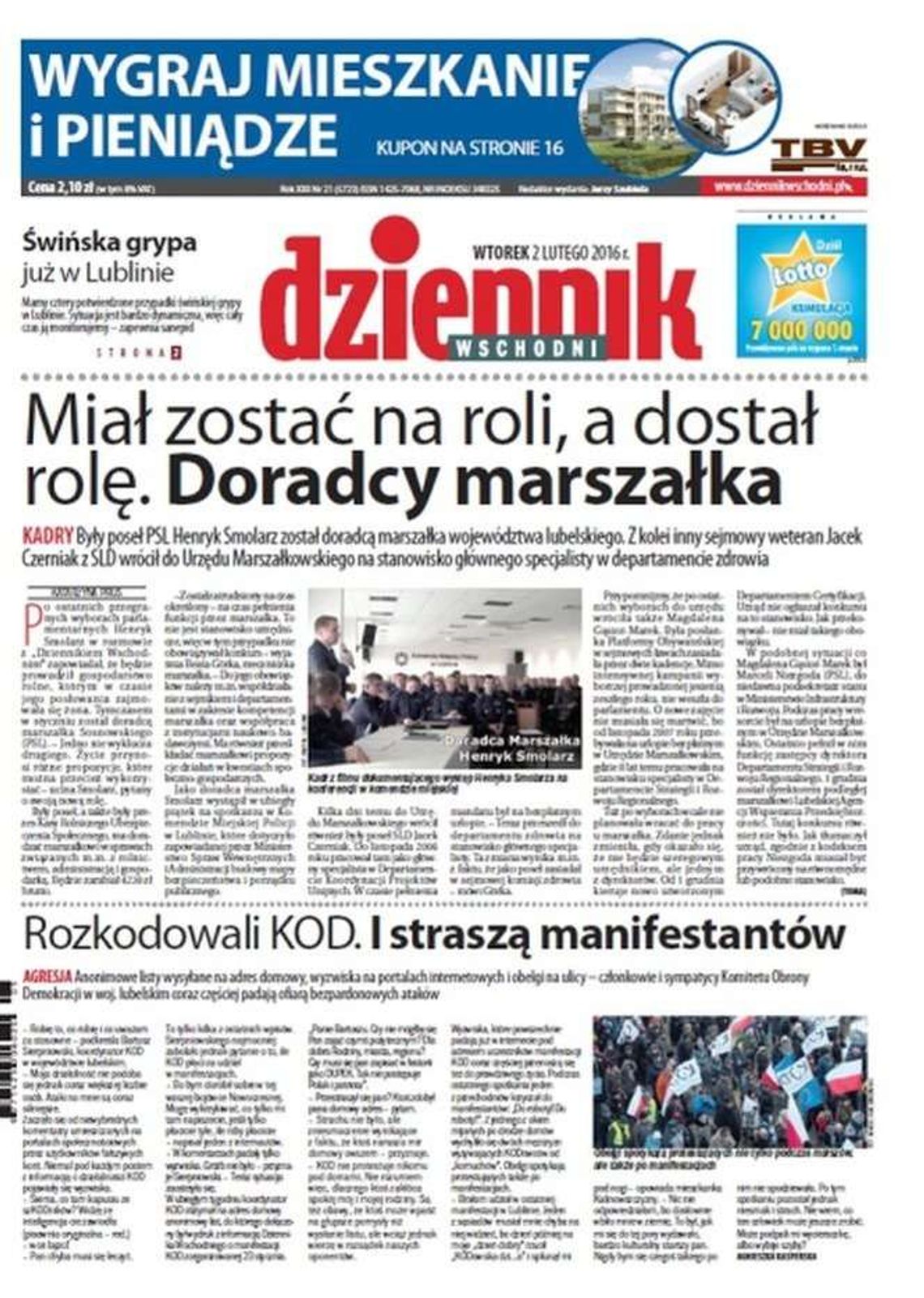 Pierwsza strona Dziennika Wschodniego z 2 lutego 2016 roku