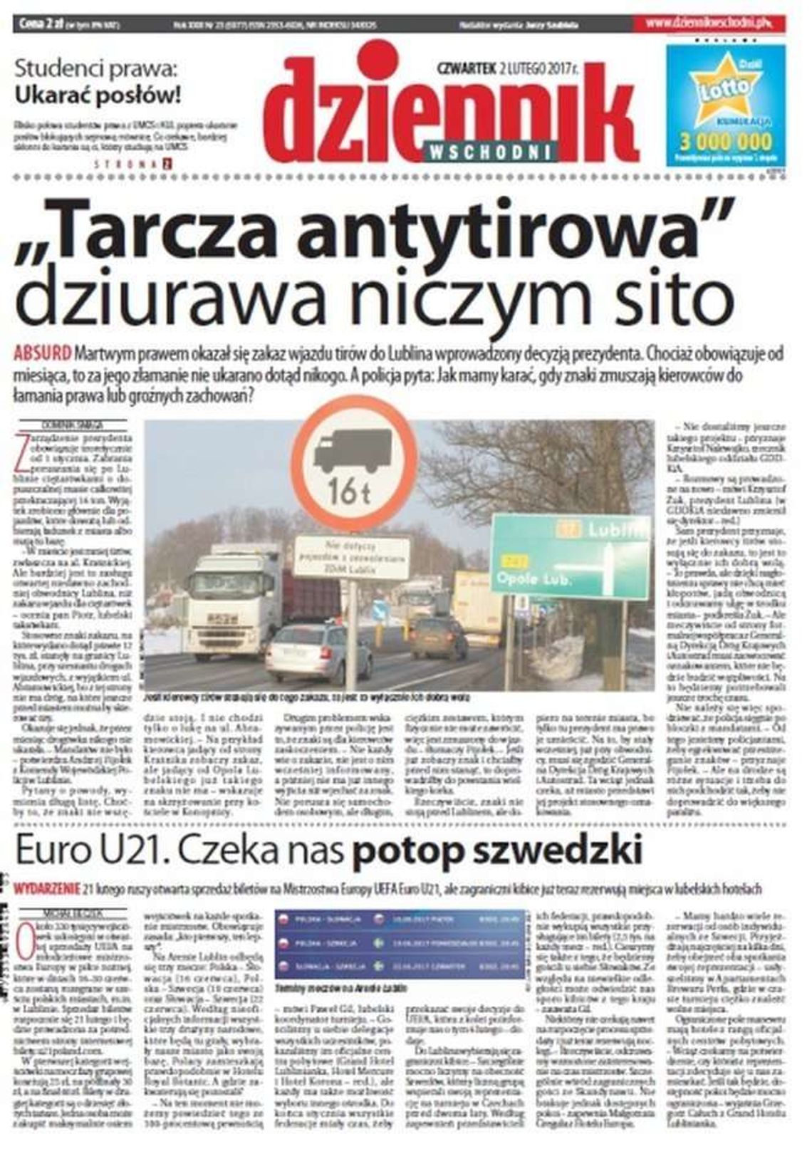 Pierwsza strona Dziennika Wschodniego z 2 lutego 2017 roku