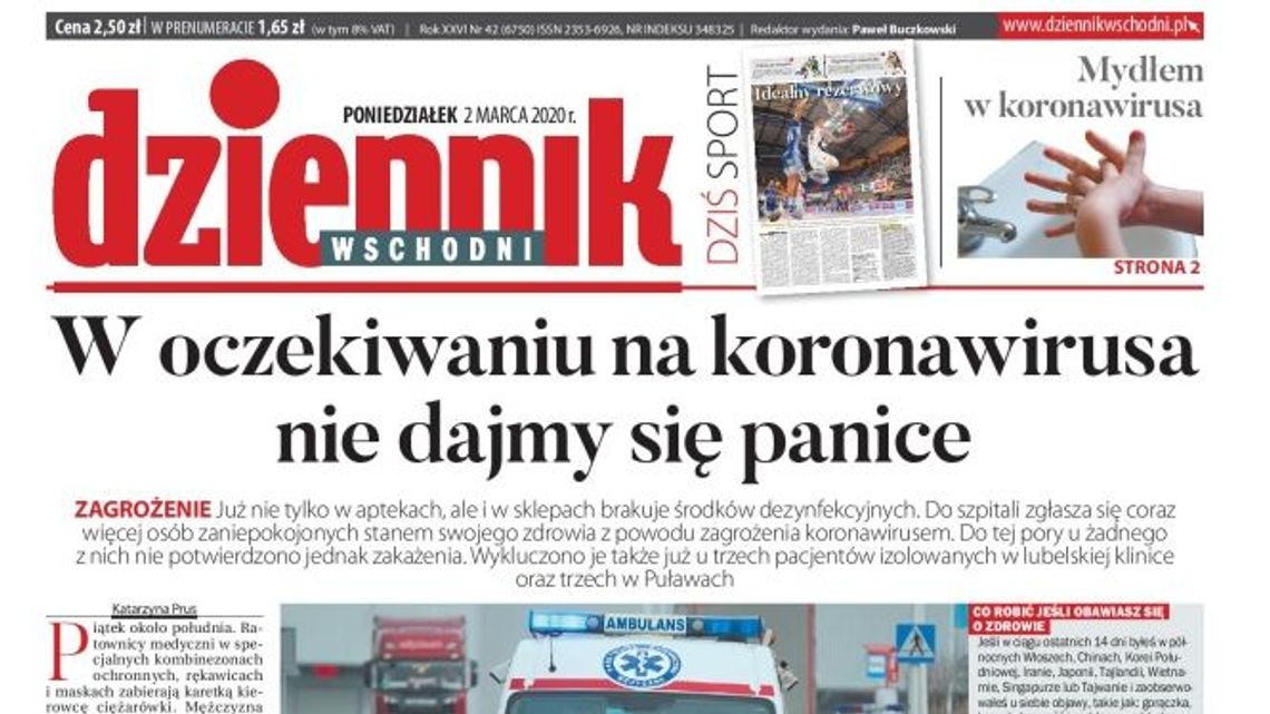 Pierwsza strona Dziennika Wschodniego z 2 marca 2020 r.