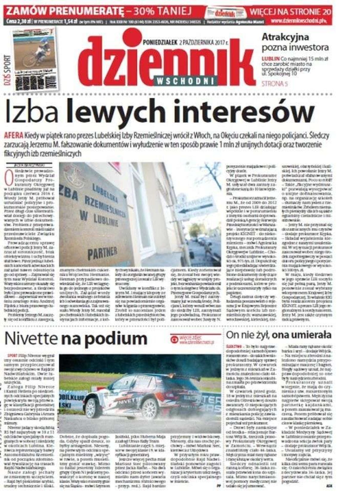 Pierwsza strona Dziennika Wschodniego z 2 października 2017 roku