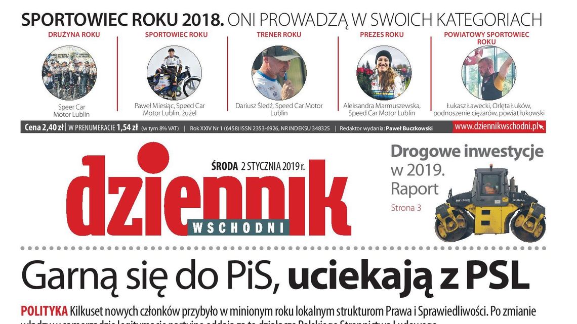 Pierwsza strona Dziennika Wschodniego z 2 stycznia 2019 r.