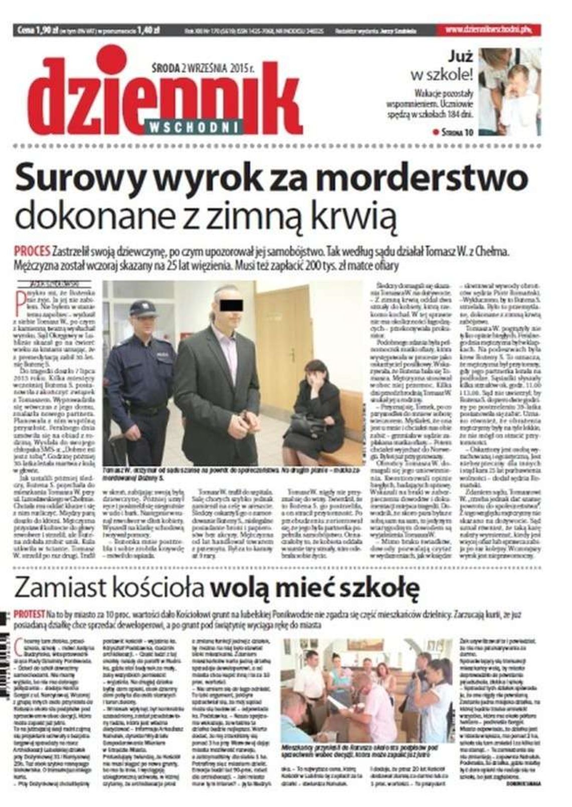 Pierwsza strona Dziennika Wschodniego z 2 września 2015 roku