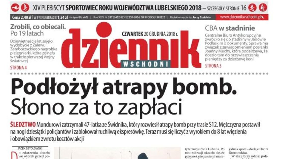 Pierwsza strona Dziennika Wschodniego z 20 grudnia 2018 r.