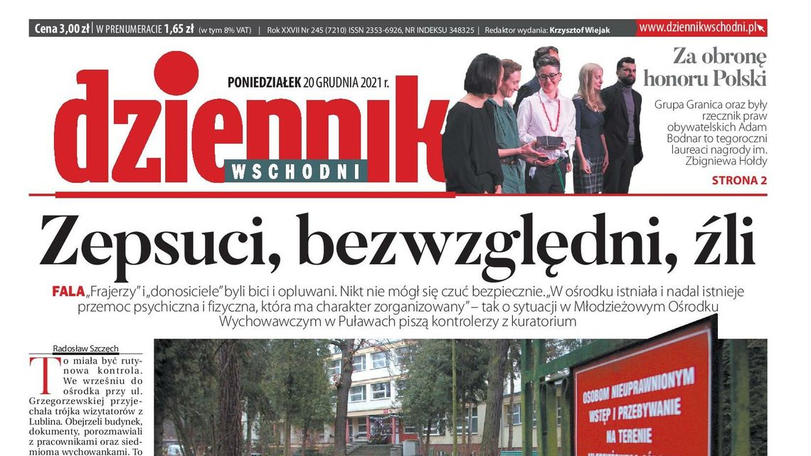 Pierwsza strona Dziennika Wschodniego z 20 grudnia 2021 r.