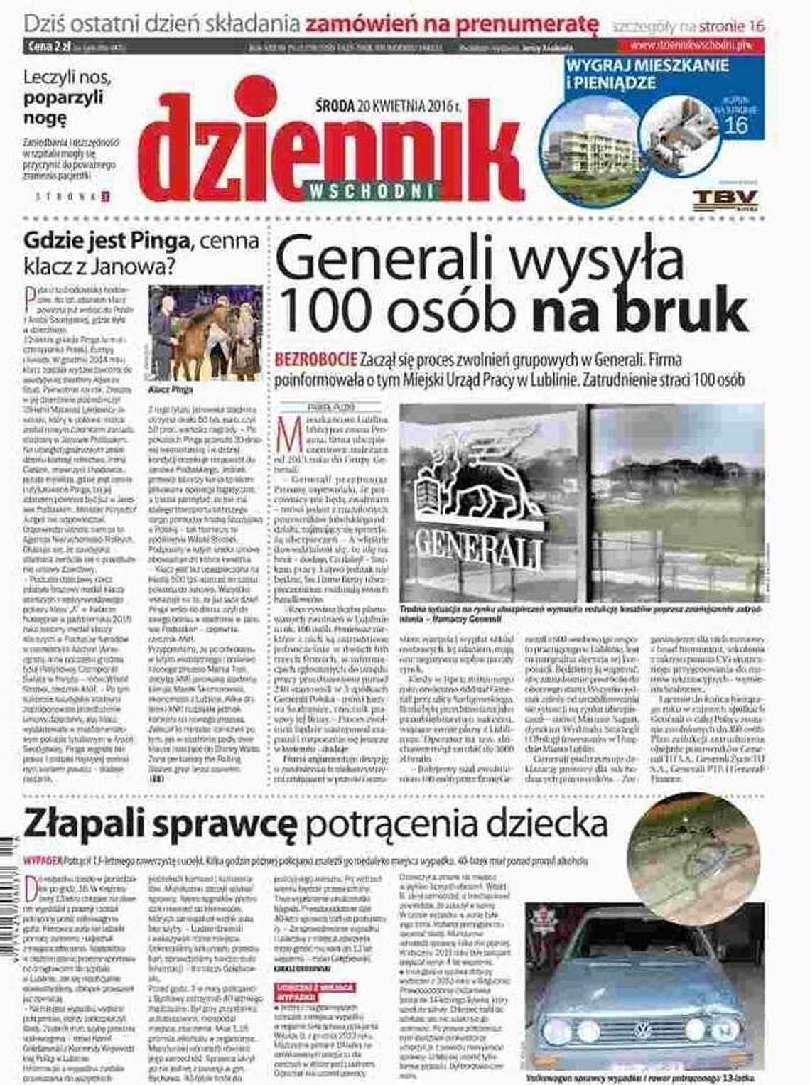 Pierwsza strona Dziennika Wschodniego z 20 kwietnia 2016