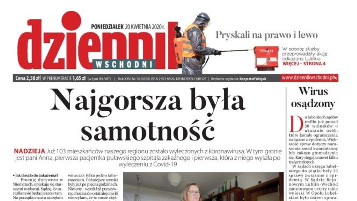 Pierwsza strona Dziennika Wschodniego z 20 kwietnia 2020 r.
