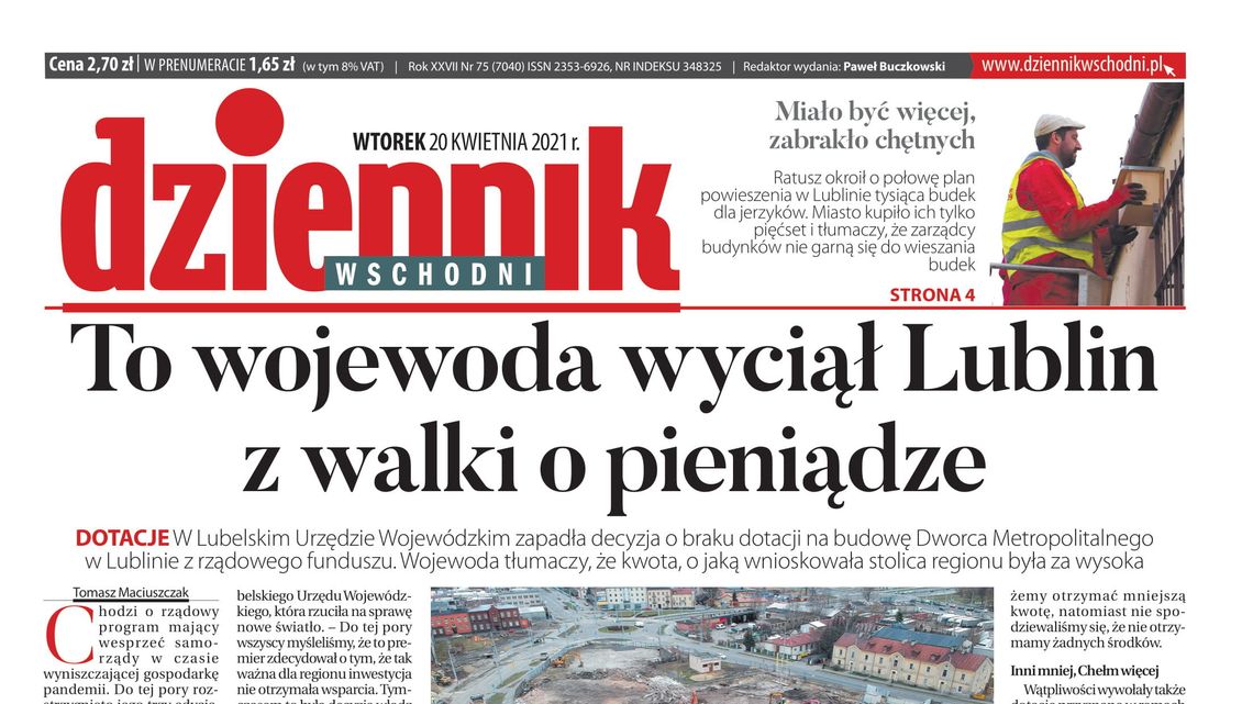 Pierwsza strona Dziennika Wschodniego z 20 kwietnia 2021 r.