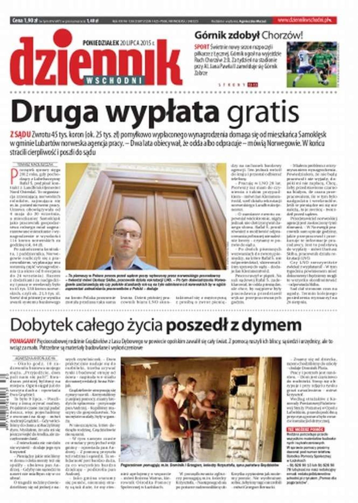 Pierwsza strona Dziennika Wschodniego z 20 lipca 2015