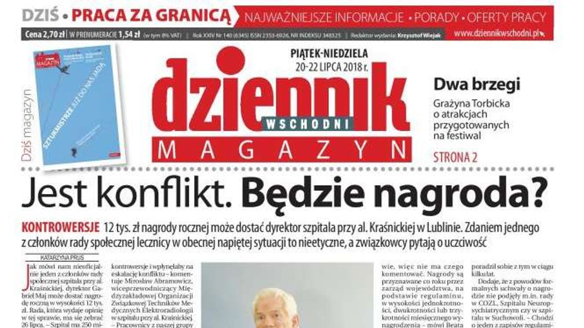 Pierwsza strona Dziennika Wschodniego z 20 lipca 2018 r.