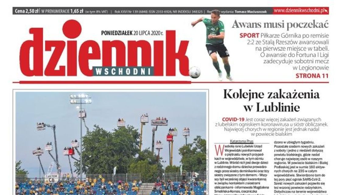 Pierwsza strona Dziennika Wschodniego z 20 lipca 2020 r.