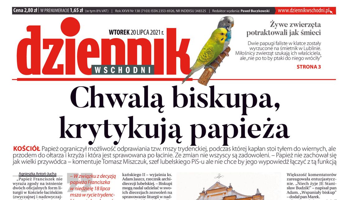  Pierwsza strona Dziennika Wschodniego z 20 lipca 2021 r. 