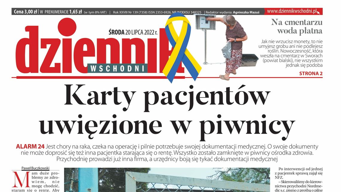 Pierwsza strona Dziennika Wschodniego z 20 lipca 2022 roku