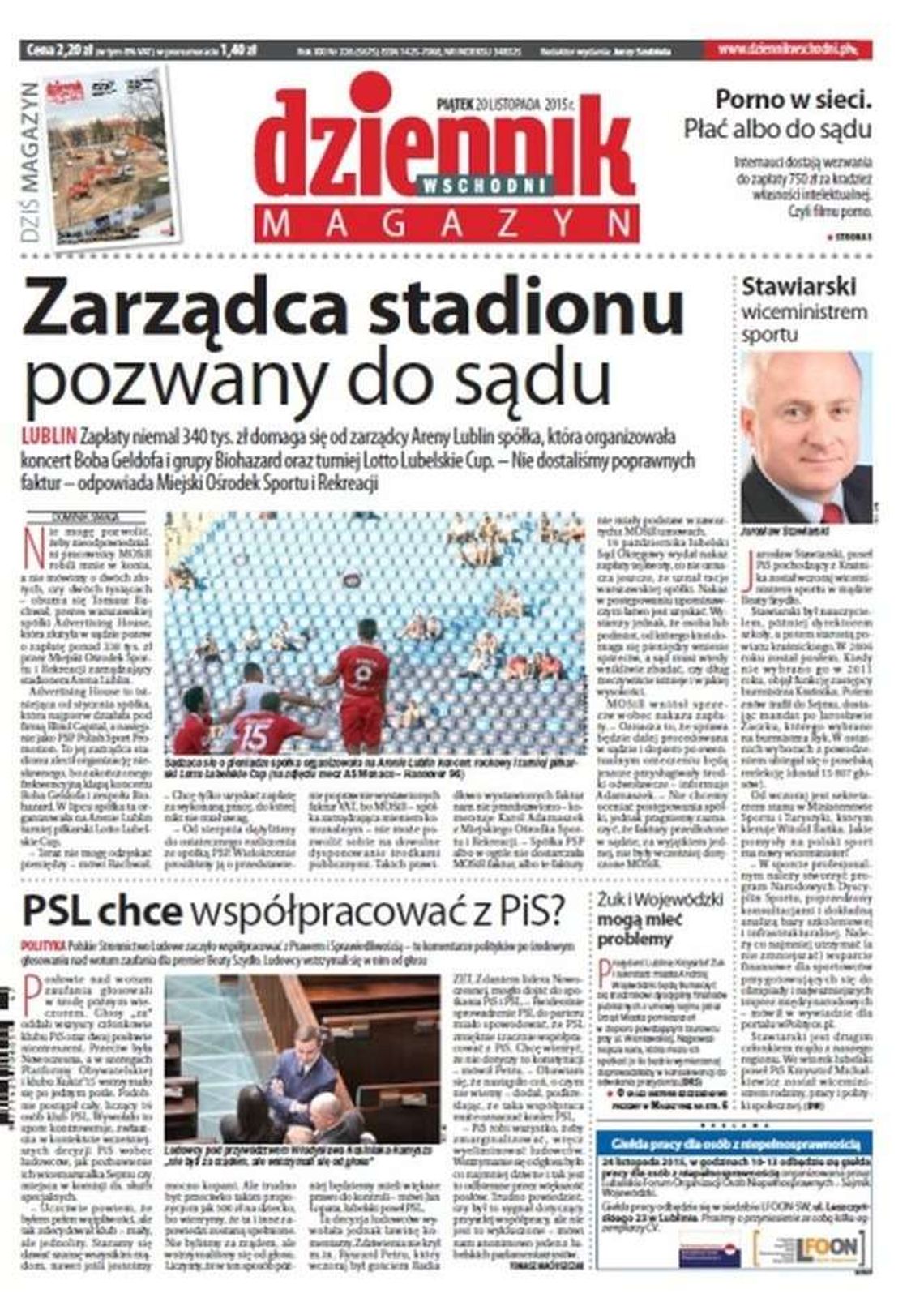 Pierwsza strona Dziennika Wschodniego z 20 listopada 2015 roku