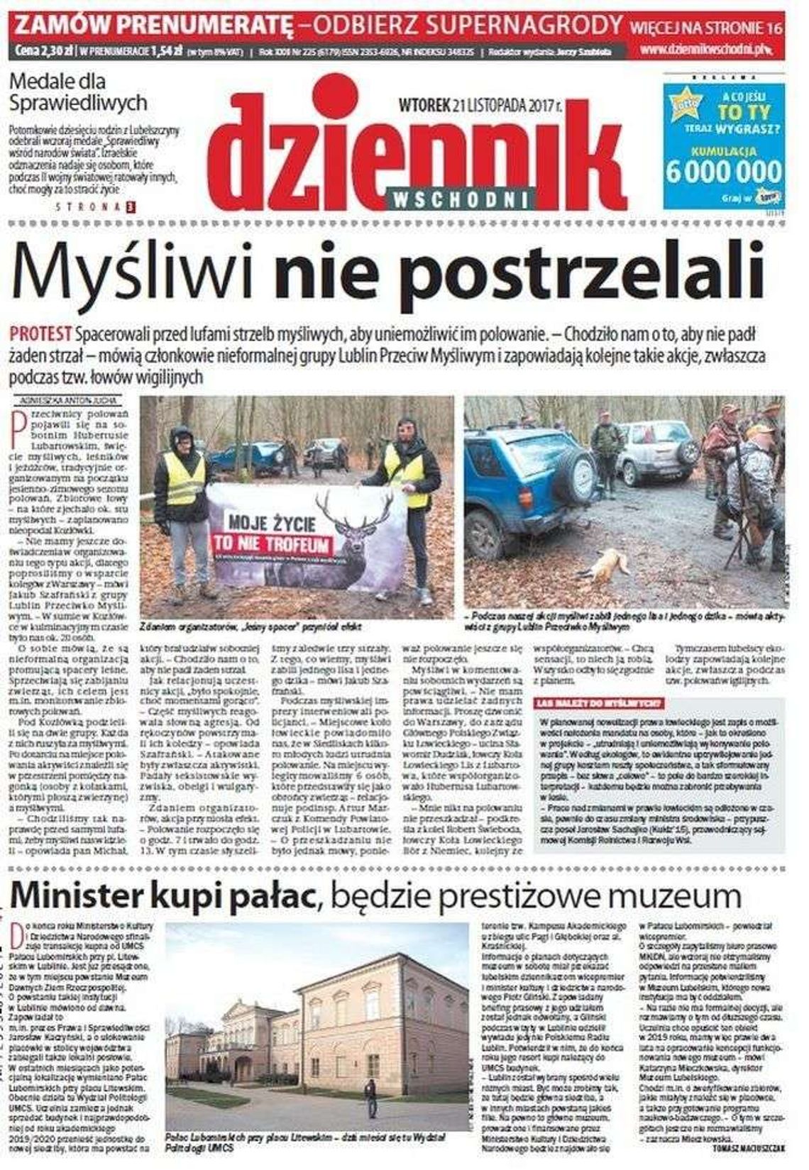 Pierwsza strona Dziennika Wschodniego z 20 listopada 2017 roku