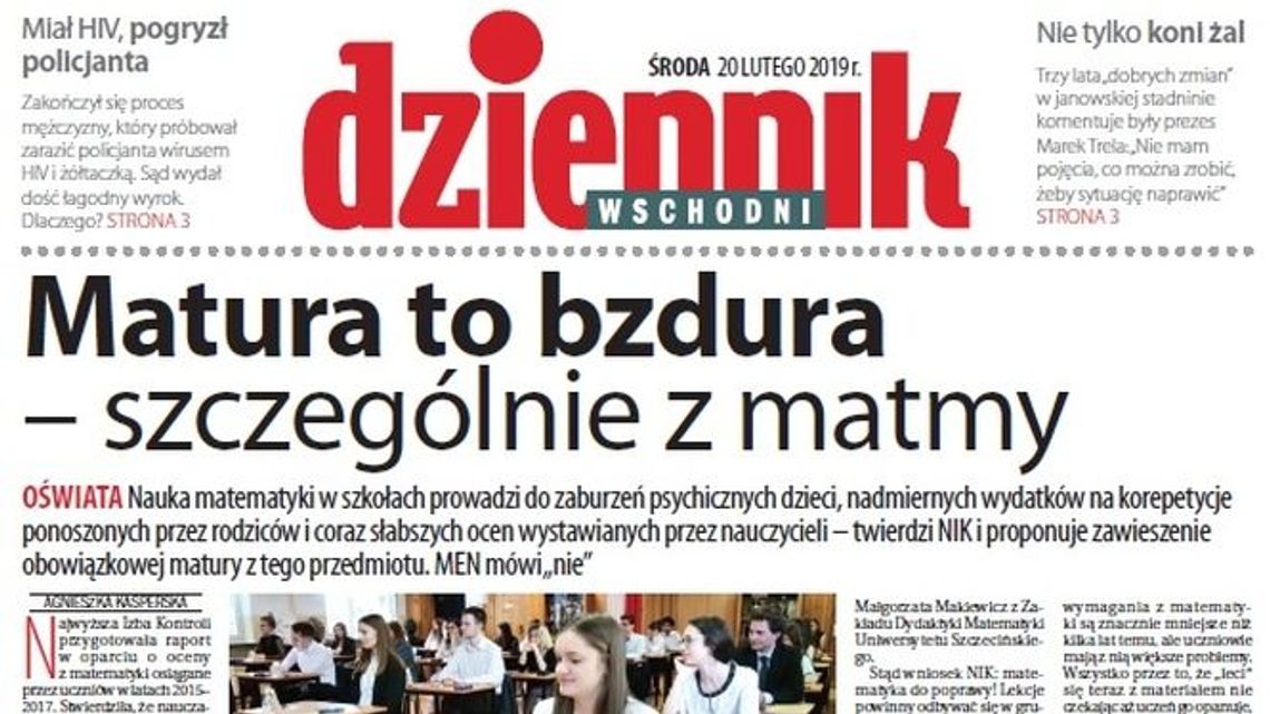 Pierwsza strona Dziennika Wschodniego z 20 lutego 2019 roku