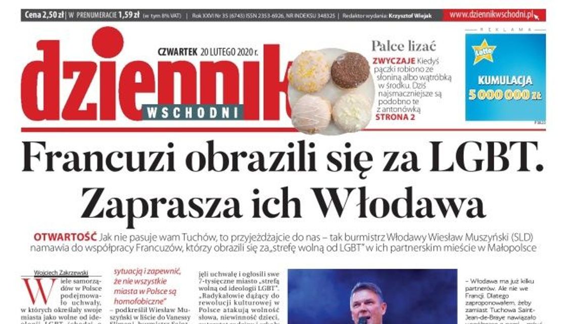 Pierwsza strona Dziennika Wschodniego z 20 lutego 2020 r.