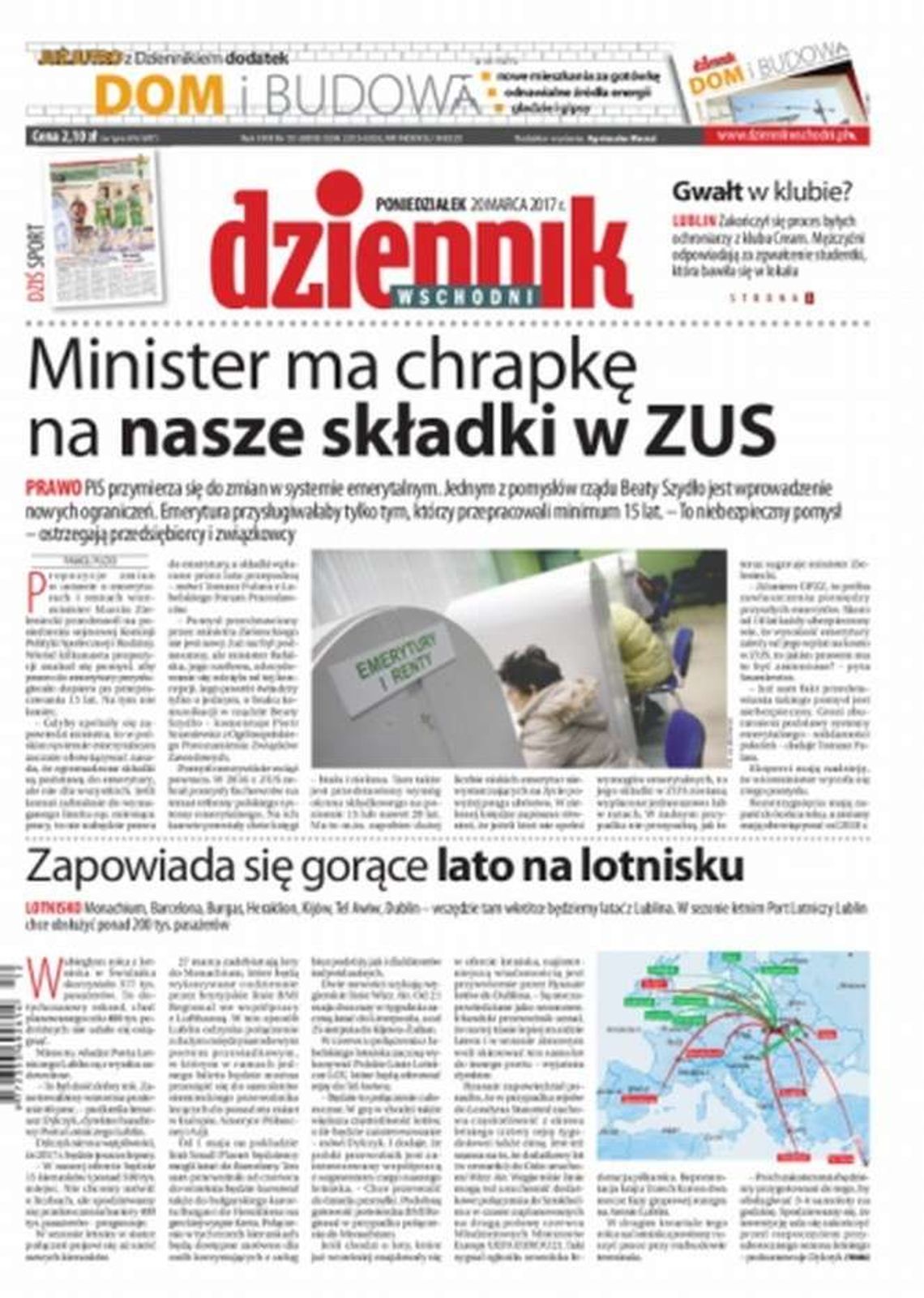 Pierwsza strona Dziennika Wschodniego z 20 marca 2017 r.