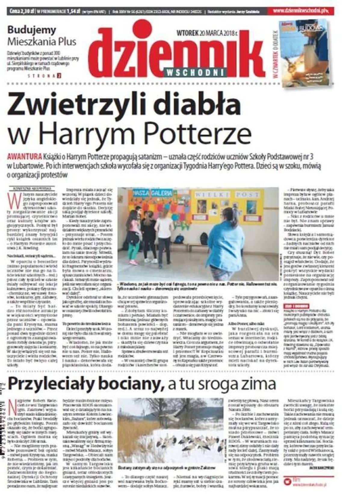 Pierwsza strona Dziennika Wschodniego z 20 marca 2018 roku