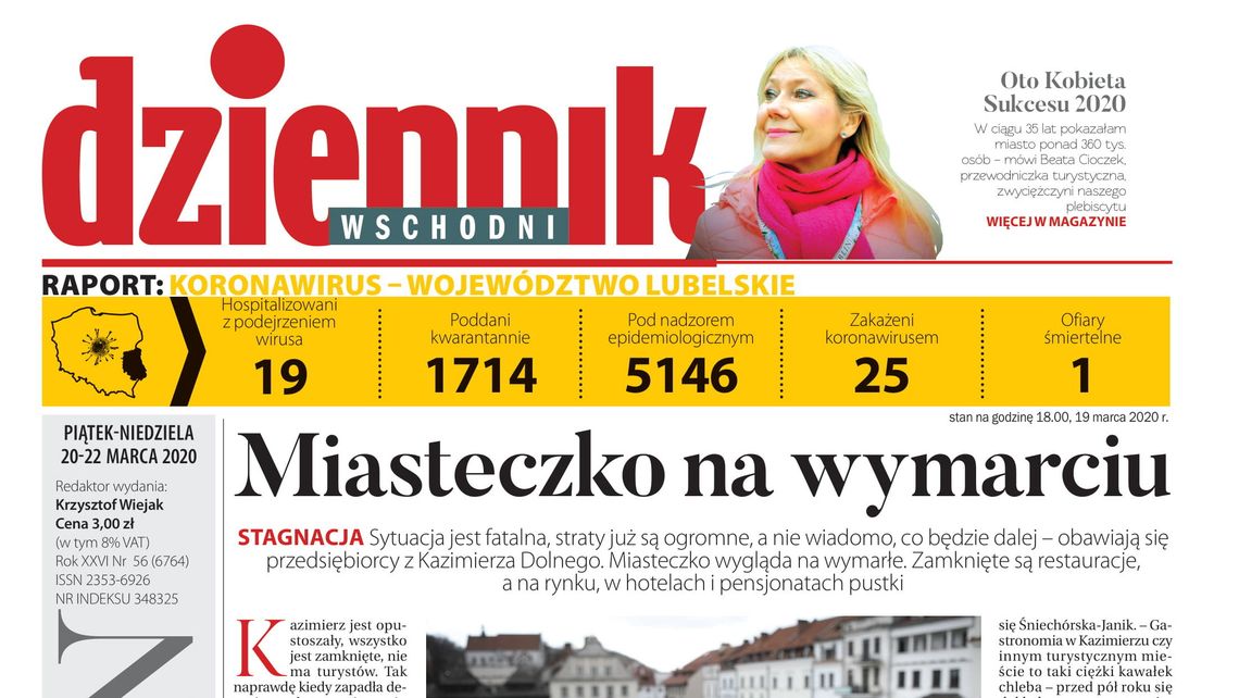 Pierwsza strona Dziennika Wschodniego z 20 marca 2020 r.