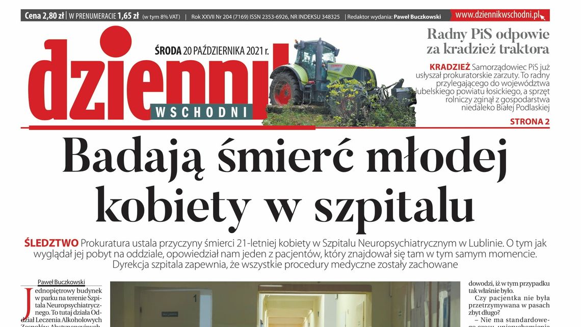  Pierwsza strona Dziennika Wschodniego z 20 października 2021 r. 